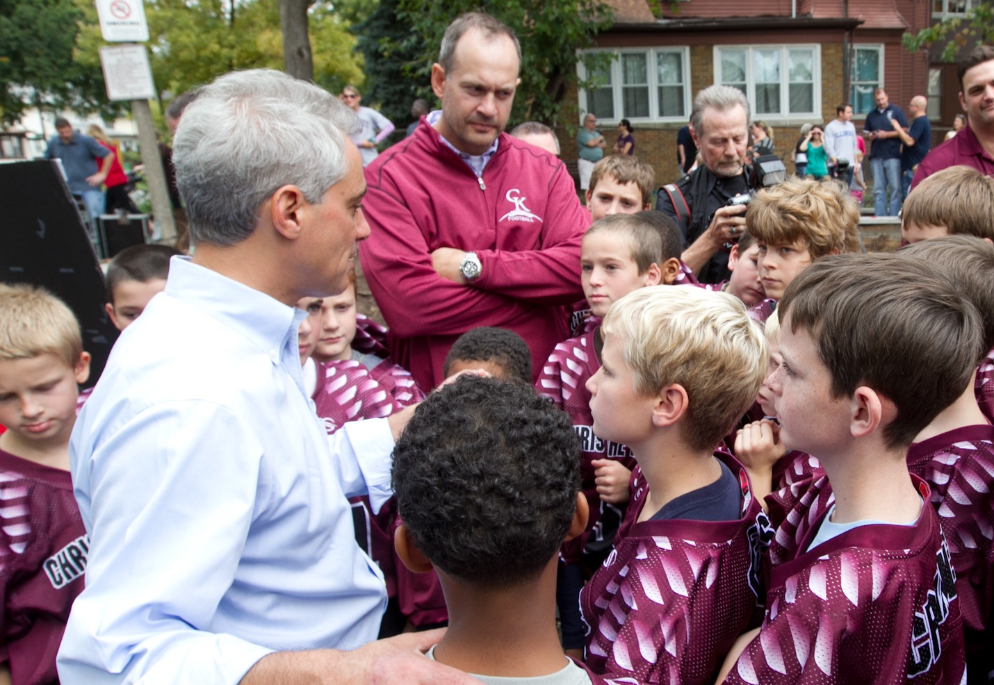 Mayor Rahm Emanuel greets youth athletes at Ridge Park to highlight what will be a completely rehabilitated playground as part of the Chicago Plays! Playground Renovation Program.
